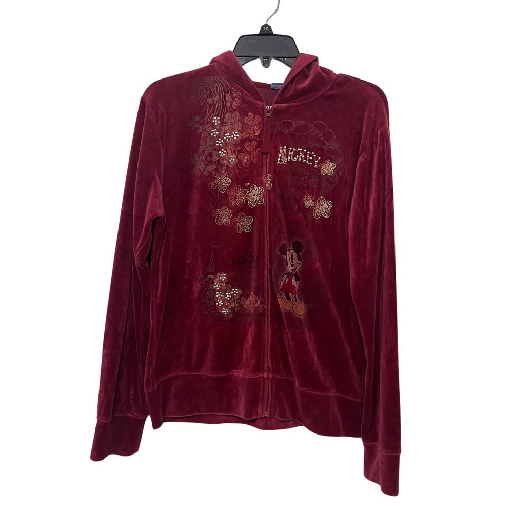 Y2K Disney Hoodie Womens Large Burgundy Mickey Mouse Velour Full Zip Sweater